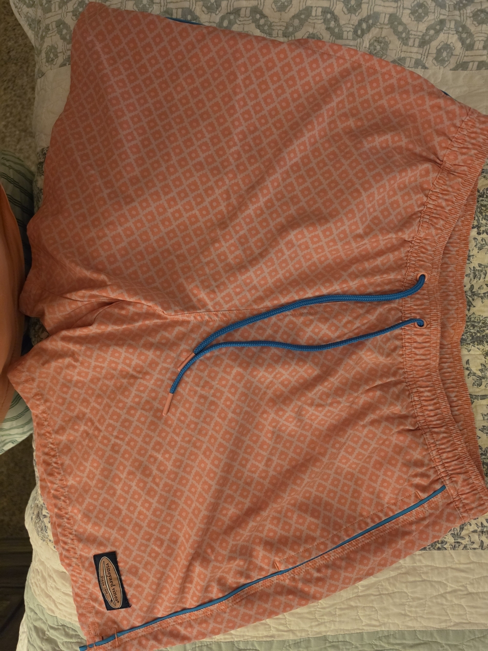 Vineyard Vines Coral-Orange Diamond Print Swim Shorts with Blue Drawstring